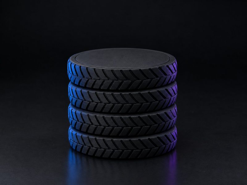 Concept render: Tread coasters. Coasters with a tyre-tread pattern underneath and a smooth top.