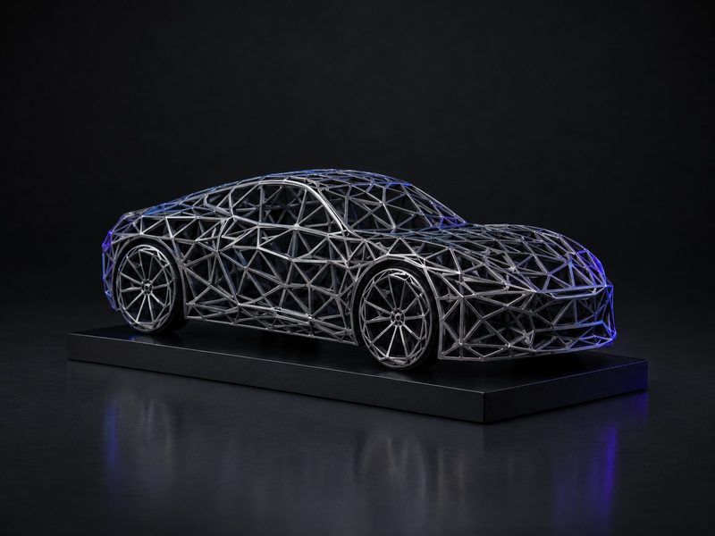 Concept render: Wireframe car. The model at 1:18 as an open lattice in a metal-look finish.
