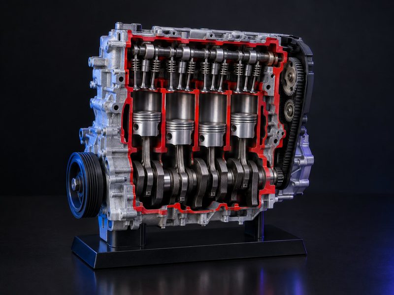 Concept render: Engine cutaway. An engine block cut open to show pistons, crank and valves.
