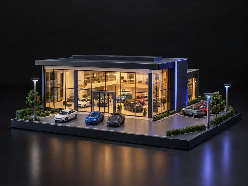 Concept render: Showroom in miniature. Your dealership at 1:100, cars on the floor and the forecourt lit.