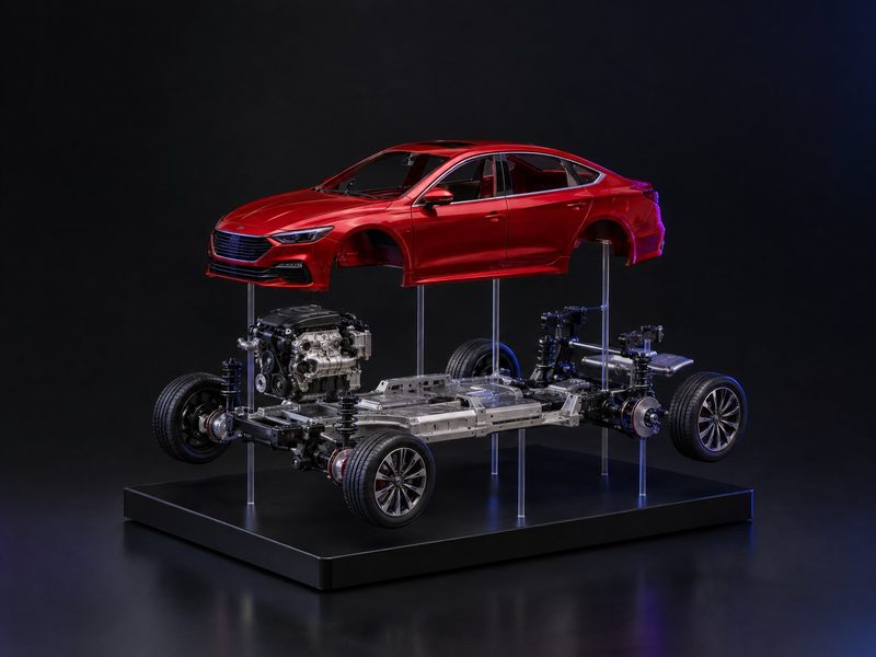Concept render: Exploded car. The body lifted above the chassis and powertrain, on fine rods.