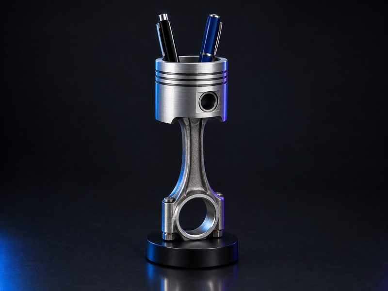 Concept render: Piston pen stand. A piston and connecting rod in metal-look finish, holding pens.