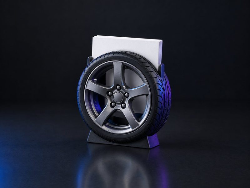 Concept render: Alloy-wheel card holder. A five-spoke alloy wheel standing on a base, cards slotted in.