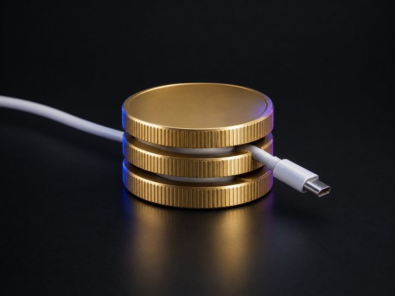 Concept render: Coin-stack cable keeper. Three stacked coins with cable slots, the name round the rim.