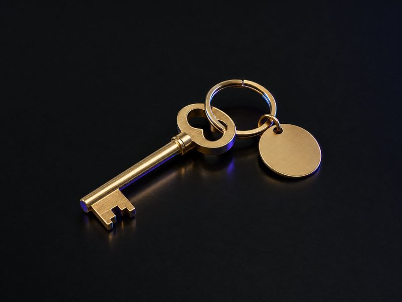 Concept render: Locker-key keyring. A safe-deposit locker key in miniature, on a ring.