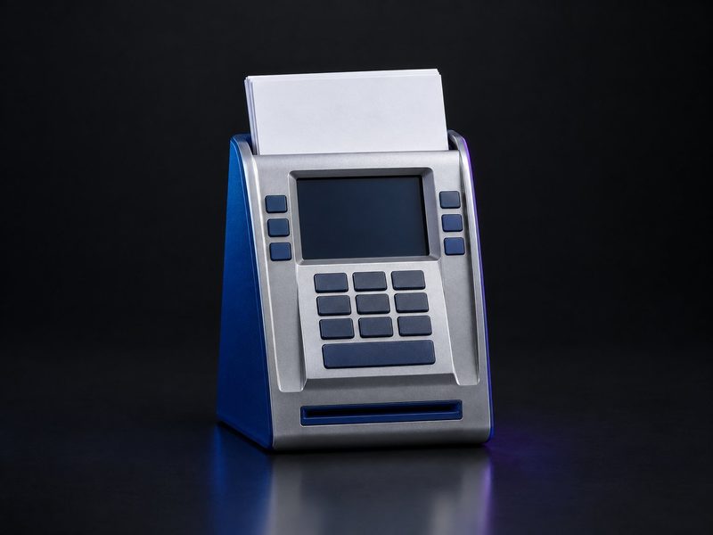 Concept render: Cash-machine card holder. A cash machine's front whose card slot holds business cards.