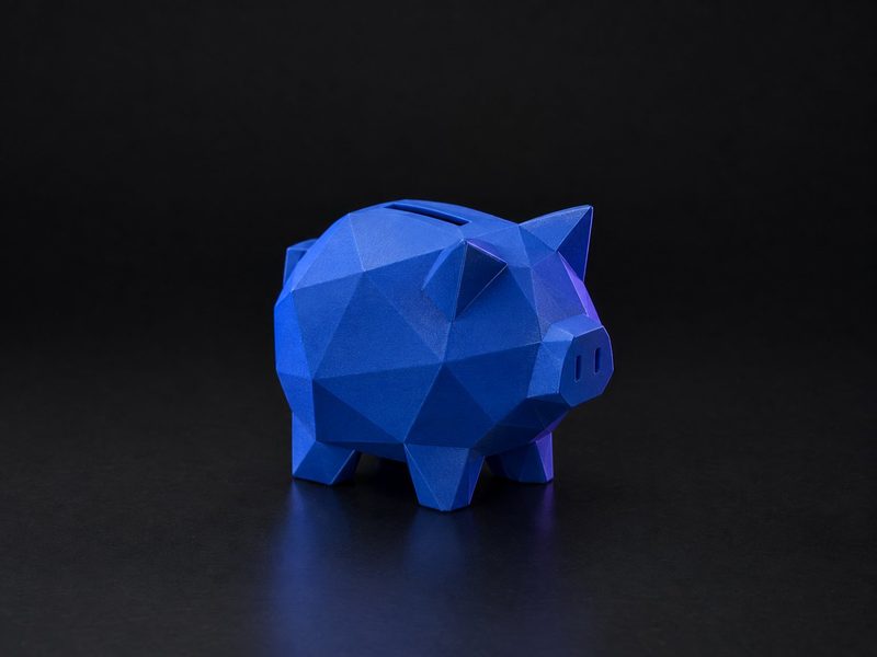 Concept render: Faceted piggy bank. A low-poly piggy bank in your colours, with a coin slot.