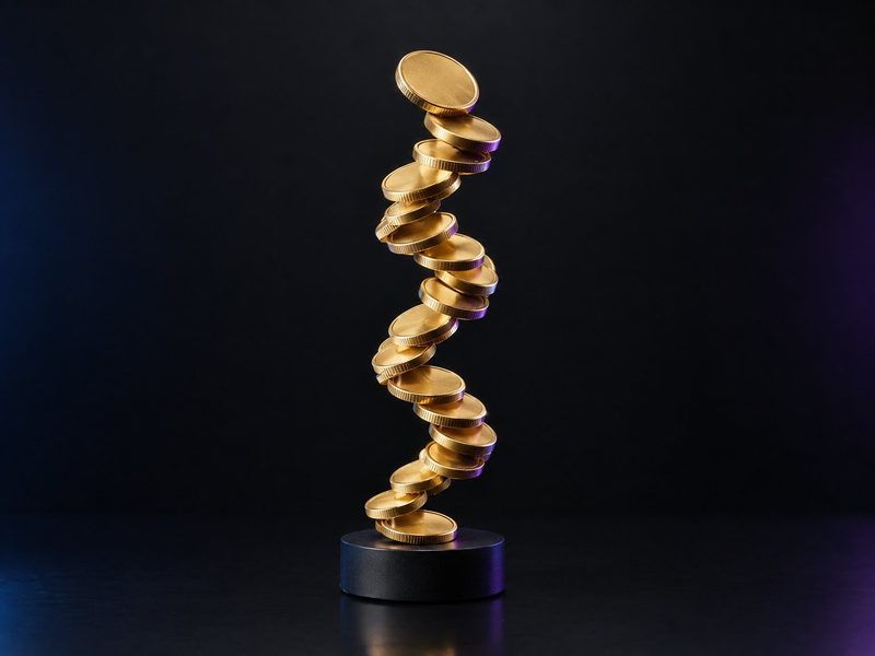 Concept render: Rising coins. A helix of coins climbing from a plinth, the edges gilded.