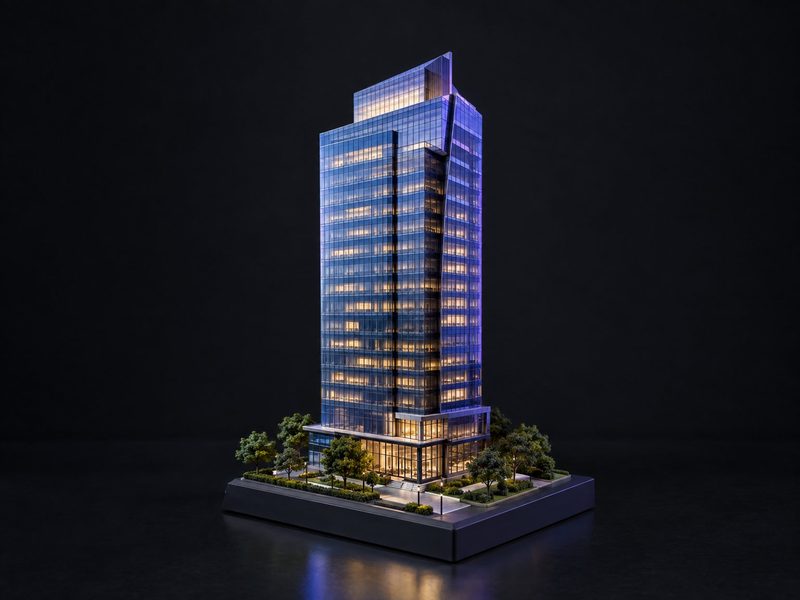 Concept render: Head office in miniature. Your head-office tower at 1:300, lit at dusk.