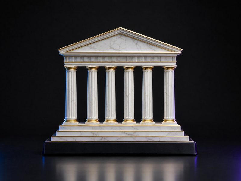 Concept render: Pillars of trust. A classical façade of columns and pediment in marble-look.