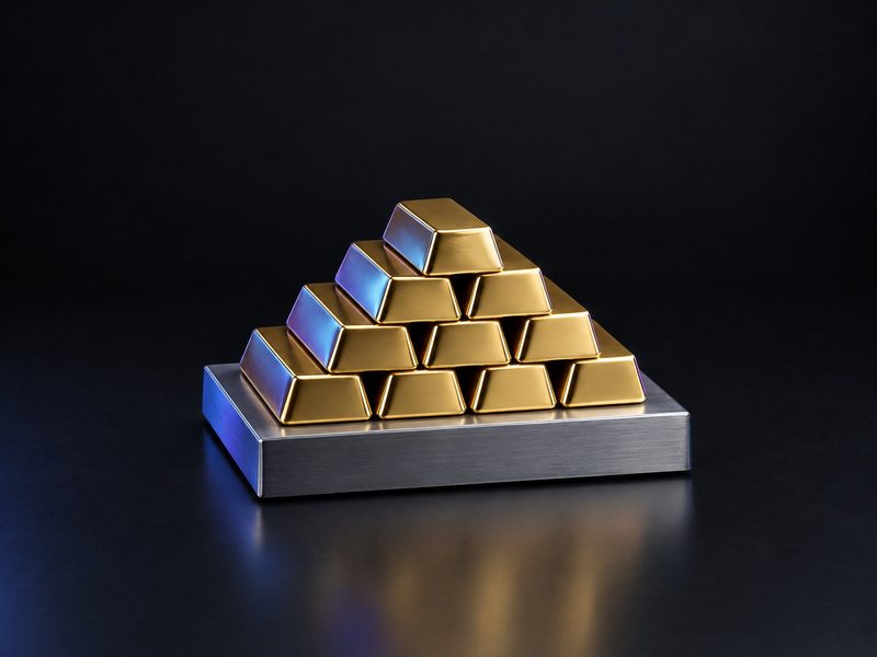 Concept render: Bullion pyramid. Gold bars stacked in a pyramid on a vault-floor base.