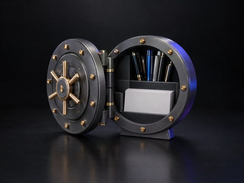 Concept render: Vault organiser. A round vault door that swings open on pens, cards and clips.