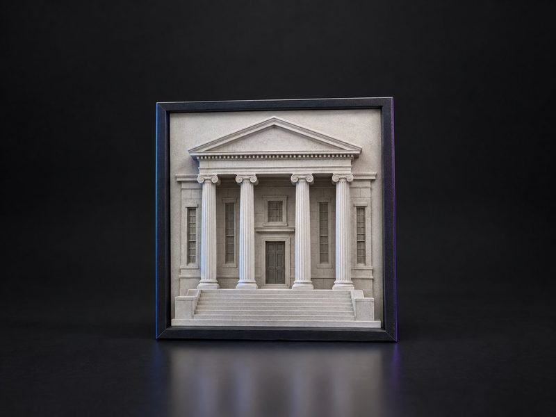 Concept render: Branch front. Your founding branch or head-office façade as a framed relief.