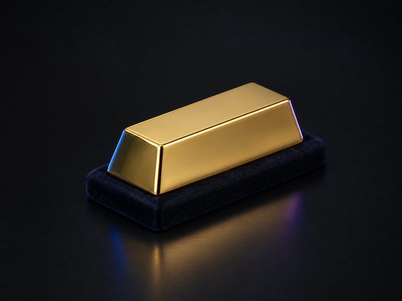Concept render: Gold-bar paperweight. A gold-look bar, blank on top for the recipient's name.