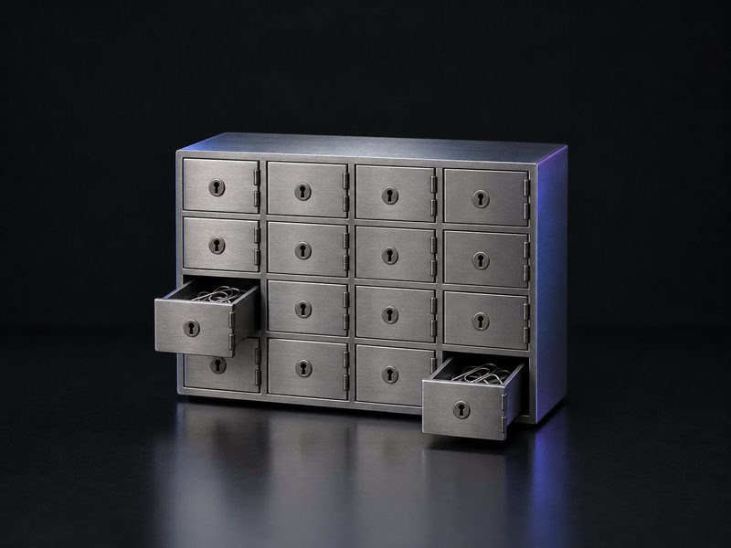 Concept render: Locker-bank organiser. A wall of safe-deposit lockers in miniature, each a small drawer.