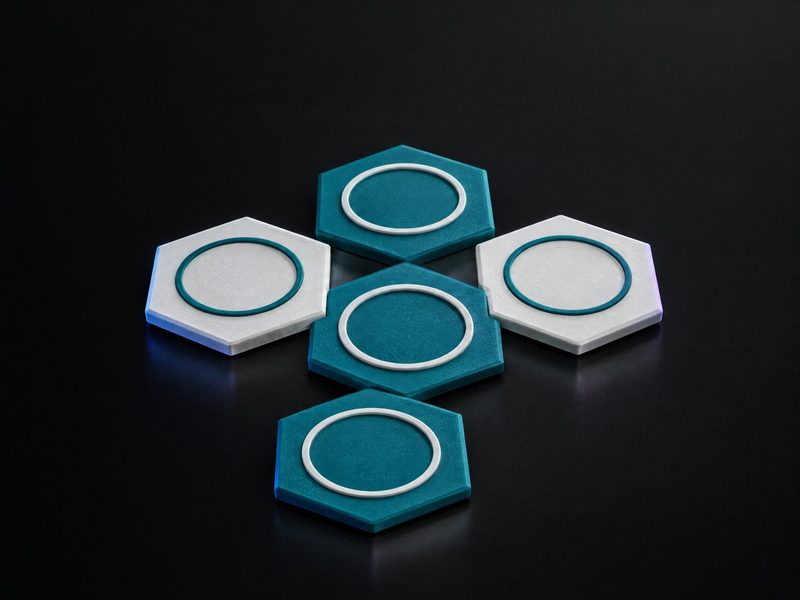 Concept render: Hexagon coasters. Benzene-ring hexagon coasters that link into a molecule.