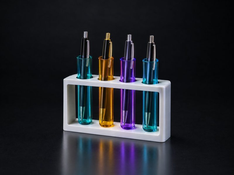 Concept render: Test-tube pen rack. A lab test-tube rack whose tubes hold pens.