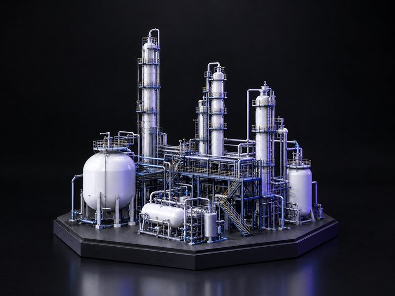 Concept render: Plant on a hexagon. Your plant's reactors and columns in miniature on a hexagonal base.