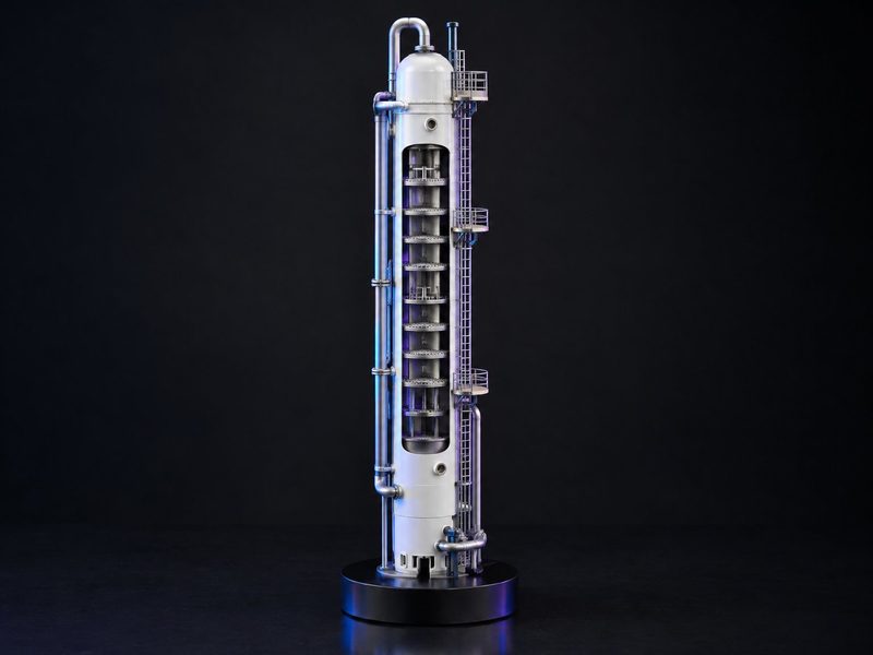 Concept render: Distillation column. A tall column with a cut window showing its trays, on a plinth.