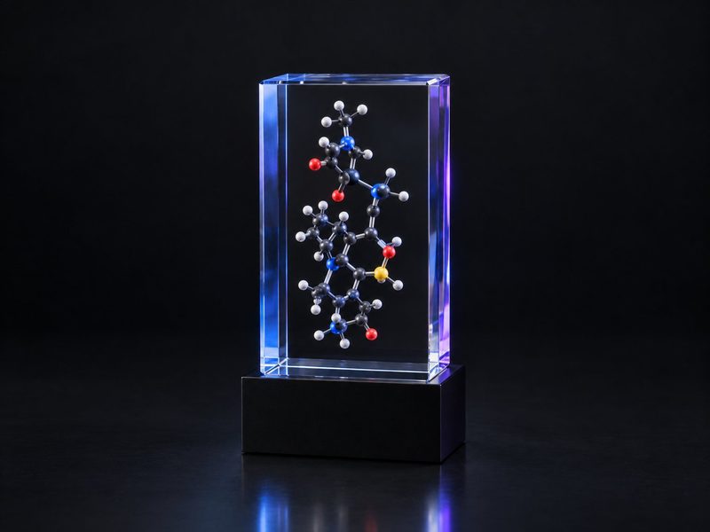 Concept render: Molecule in crystal. Your molecule suspended in a clear cast block.