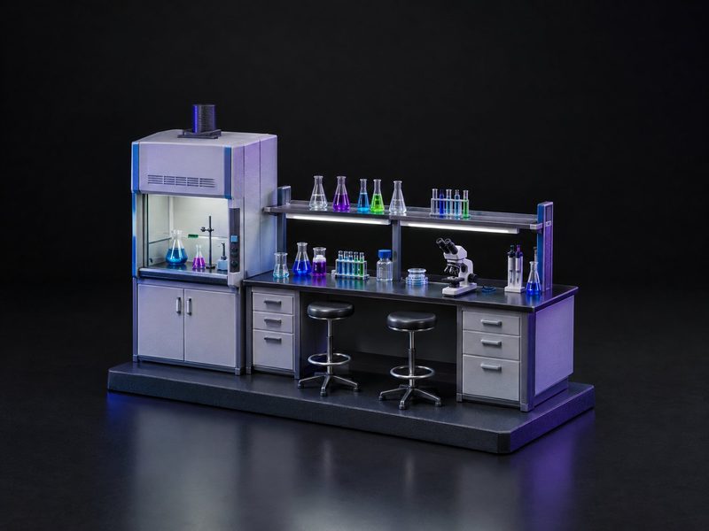 Concept render: The lab bench. A lab bench at 1:10 with glassware, flasks and a fume hood.