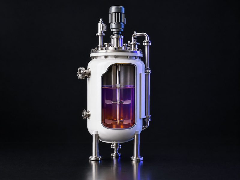 Concept render: Reactor cutaway. The agitator seen through a cut window, tinted resin inside.