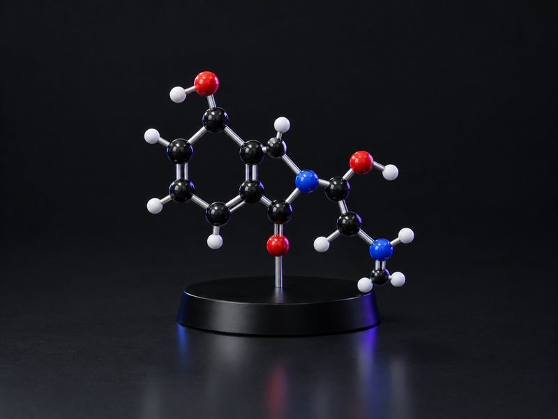 Concept render: Our molecule. Your signature molecule as a ball-and-stick model on a plinth.