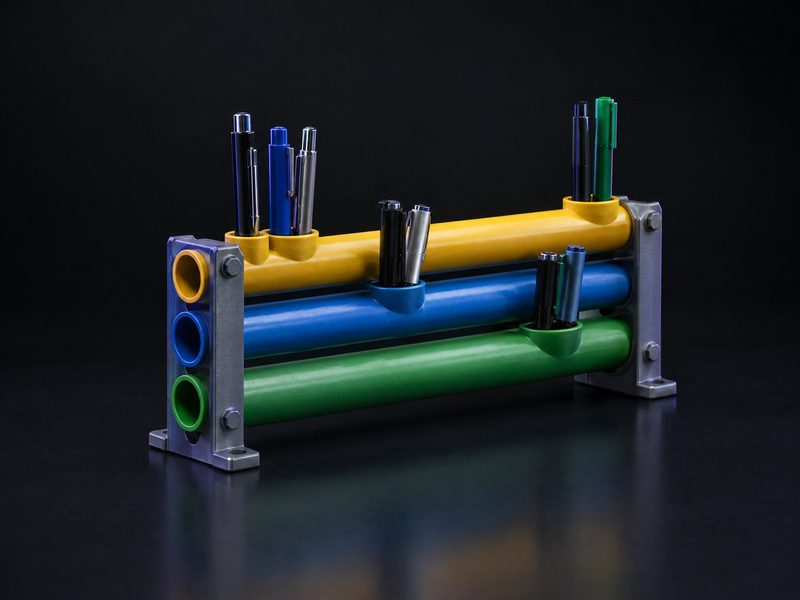 Concept render: Pipe-rack organiser. A plant pipe-rack section with pens in the pipes.