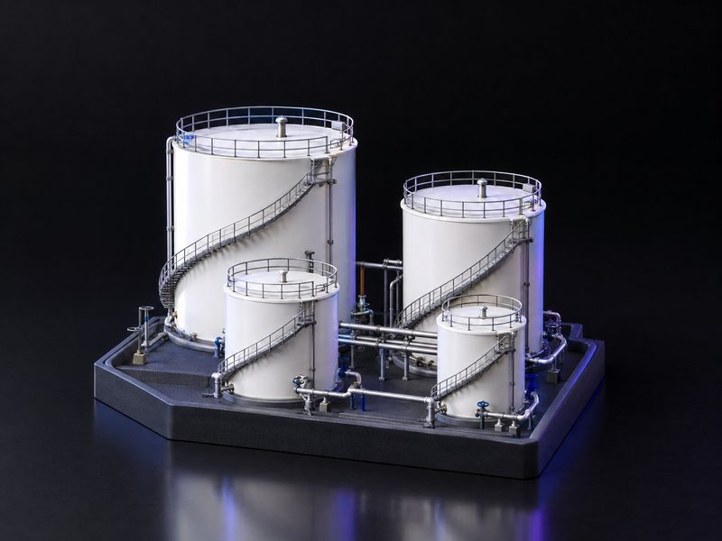Concept render: Tank farm. A cluster of storage tanks with their stairways, on one base.