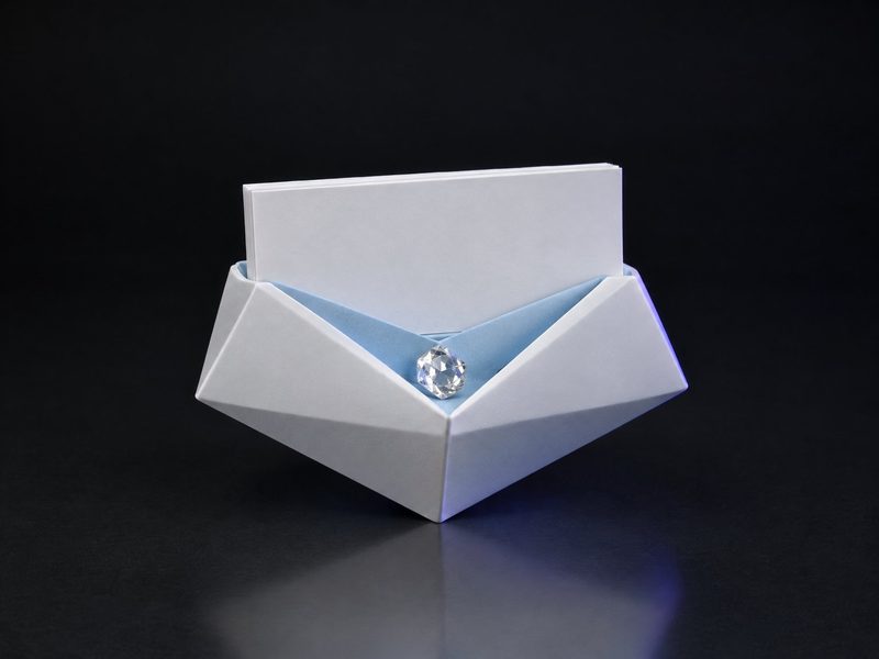 Concept render: Parcel-paper card holder. The folded diamond parcel, the name inside the flap.