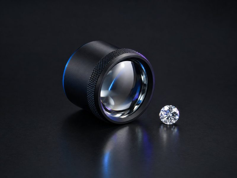Concept render: Loupe paperweight. An oversized jeweller's loupe with a clear lens, the name round the barrel.