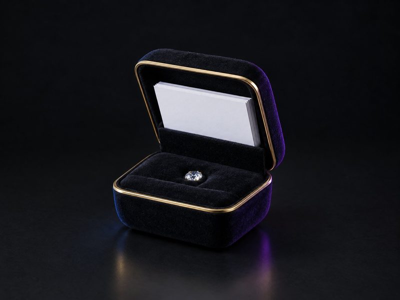 Concept render: Ring-box card holder. An open ring box whose lid holds business cards.