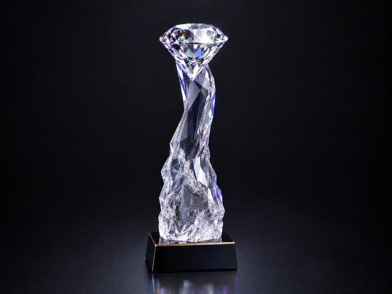 Concept render: Rough to brilliant. One clear cast crystal, rough at the base and a polished brilliant at the top.