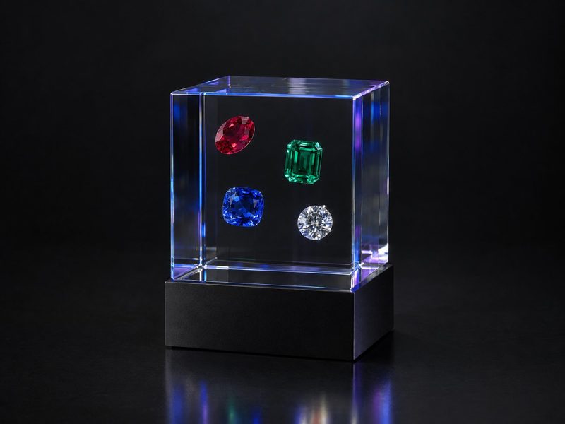 Concept render: Gem cube. Ruby, emerald and sapphire cuts floating in one clear cube.