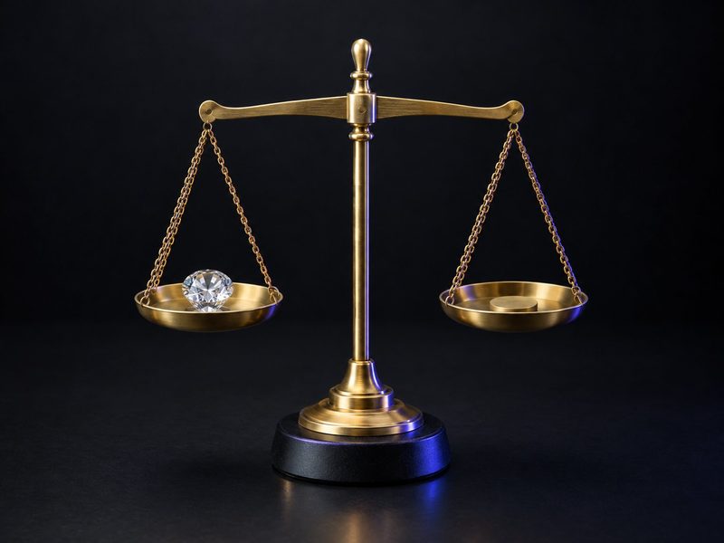 Concept render: The balance. A jeweller's scale, a resin brilliant in one pan and your mark in the other.