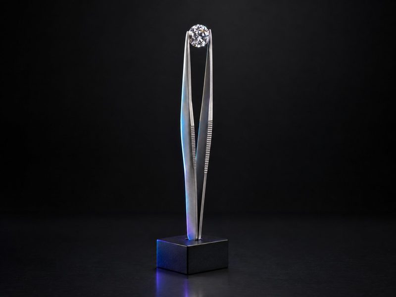 Concept render: Tweezers and stone. Diamond tweezers holding a brilliant at the moment of inspection.