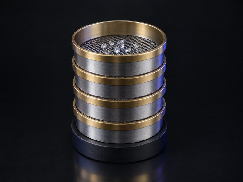 Concept render: Sieve stack. The trade's sorting sieves, stacked as a desk piece.