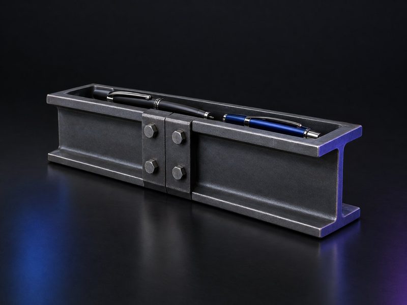 Concept render: I-beam tray. A bolted steel section as a pen and card tray.