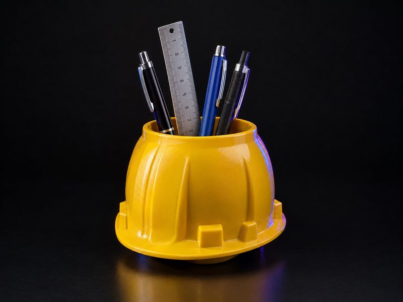 Concept render: Hard-hat pen pot. A safety helmet turned upside down as a pen pot.