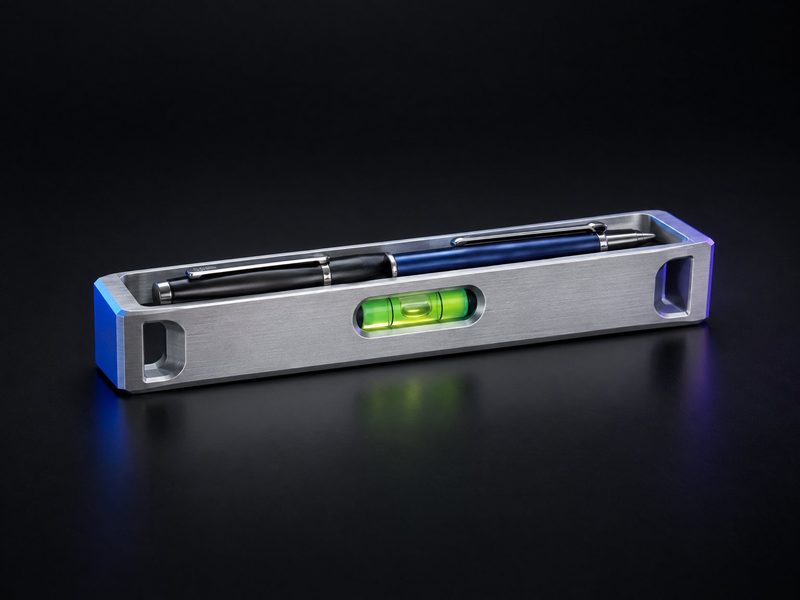 Concept render: Spirit-level tray. A spirit level with a working bubble, as a pen tray.