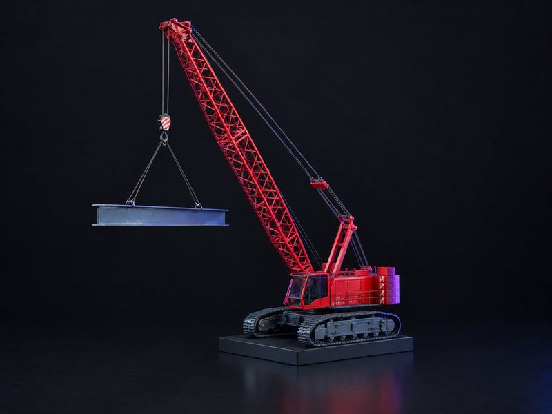Concept render: Crawler crane. A lattice-boom crawler crane at 1:100, lifting a beam.
