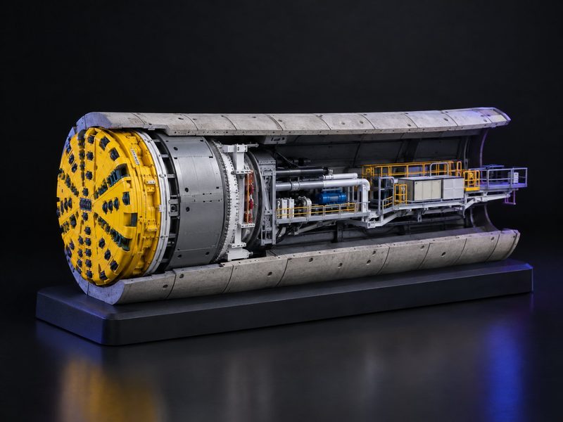 Concept render: TBM in section. A tunnel boring machine cut open inside its tunnel.