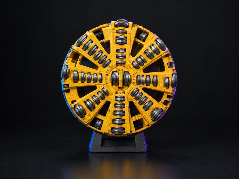 Concept render: Cutterhead. A tunnelling machine's cutting face as a round desk piece.