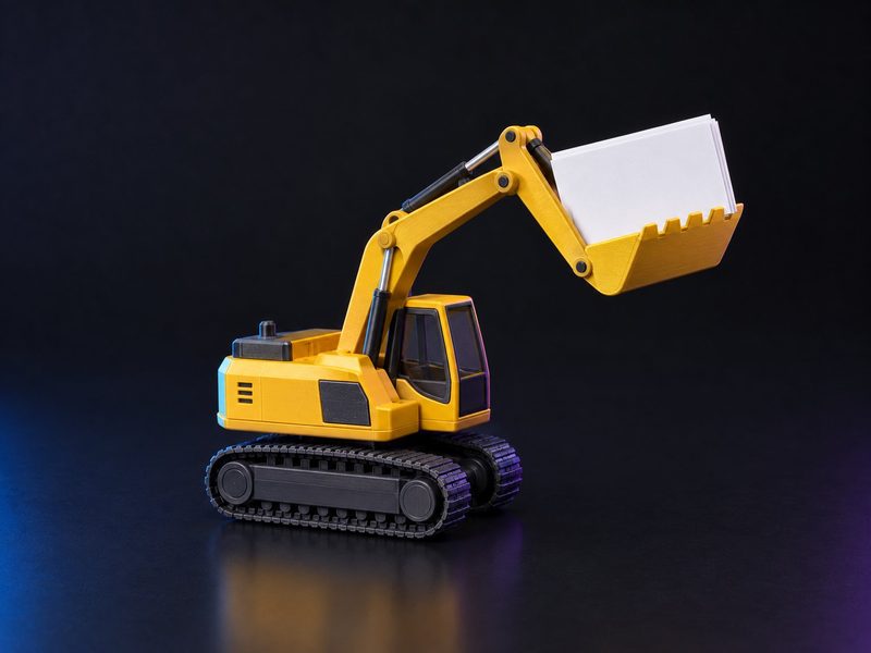 Concept render: Excavator card holder. An excavator whose bucket holds business cards.