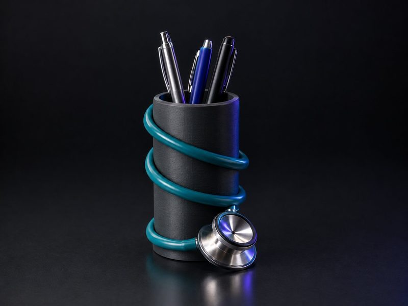 Concept render: Stethoscope pen stand. A stethoscope coiled round a pen cup, the chest piece as its weight.