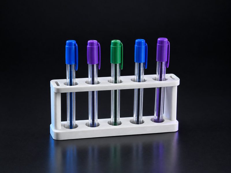 Concept render: Sample-rack pen stand. A lab tube rack, caps in your colours, pens as the tubes.