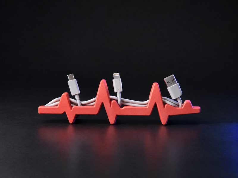 Concept render: Heartbeat cable keeper. An ECG trace that holds your cables in its peaks.