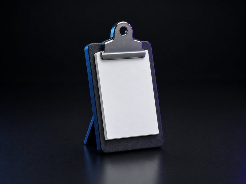 Concept render: Clipboard card holder. A miniature medical clipboard holding business cards.