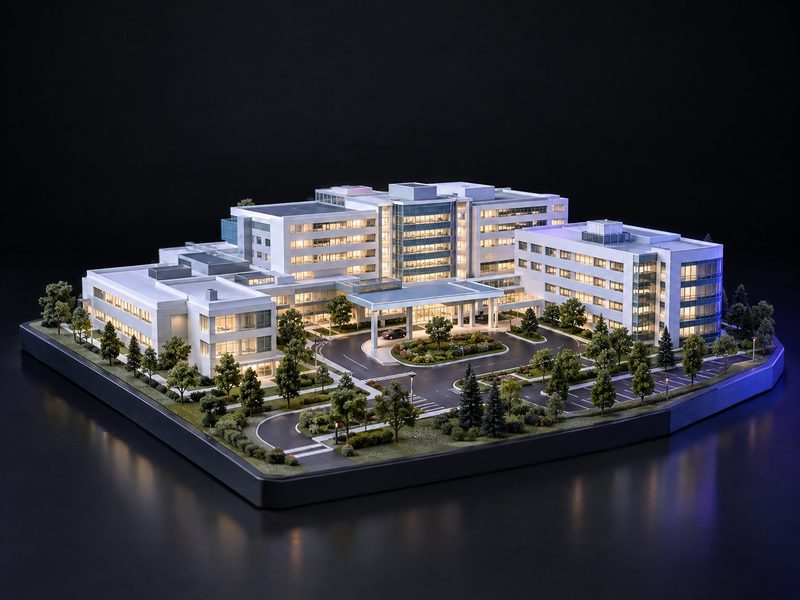 Concept render: The campus. Your hospital or campus in miniature, windows lit.