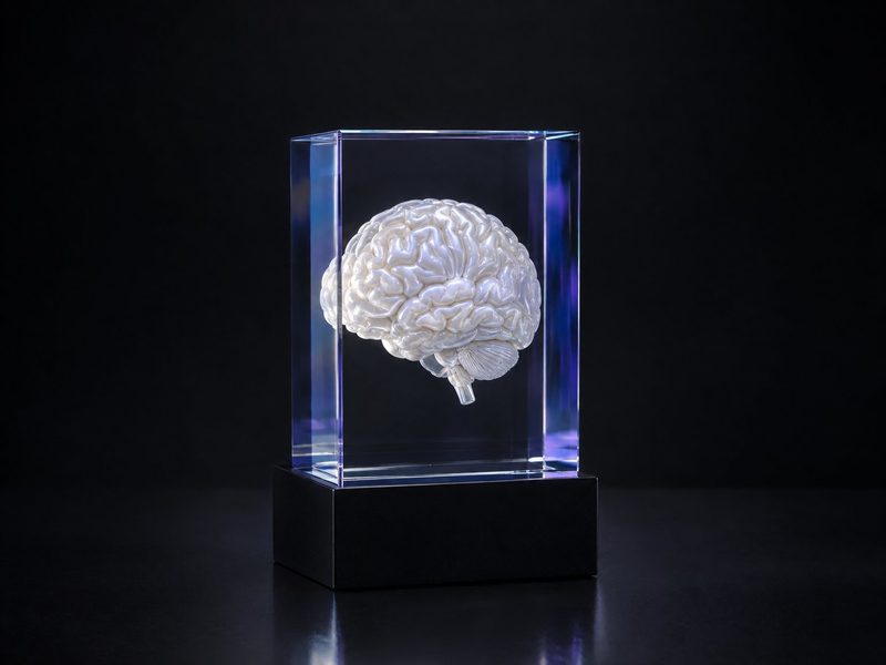 Concept render: Brain in crystal. A brain sculpture suspended in a clear block.